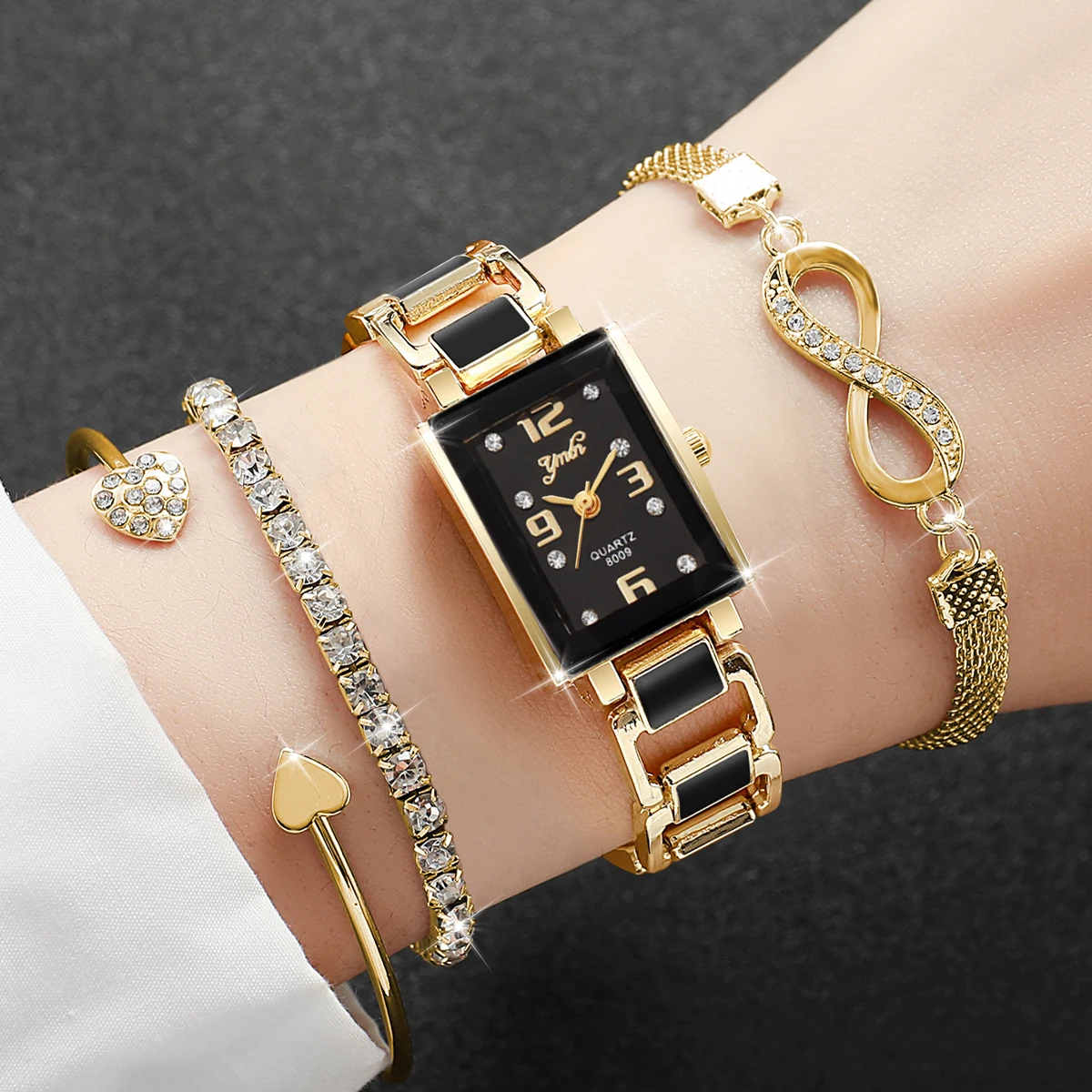 

4 шт. элегантных квадратных женских часов с браслетами из страз, модные женские кварцевые наручные часы Reloj Mujer (без коробки)