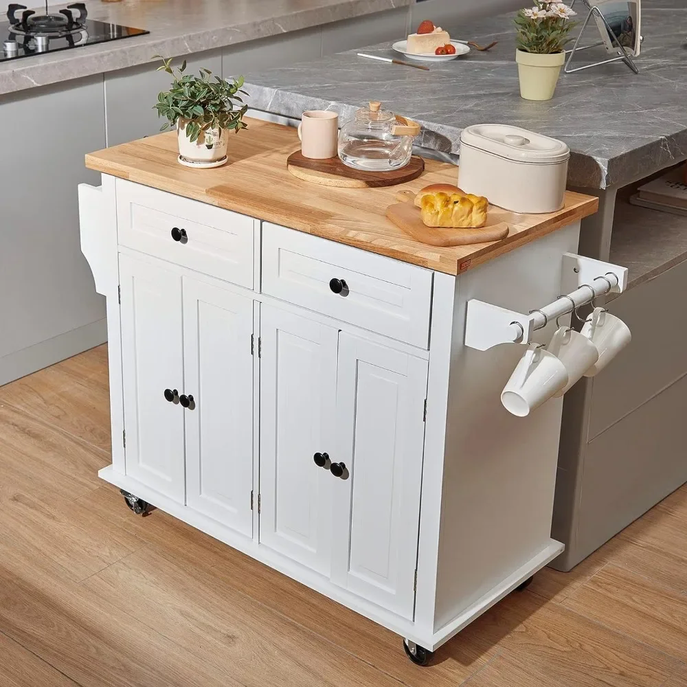 

Kitchen island cart with solid wood countertops, rolling kitchen table with storage cabinets, towel rack and drawers, white