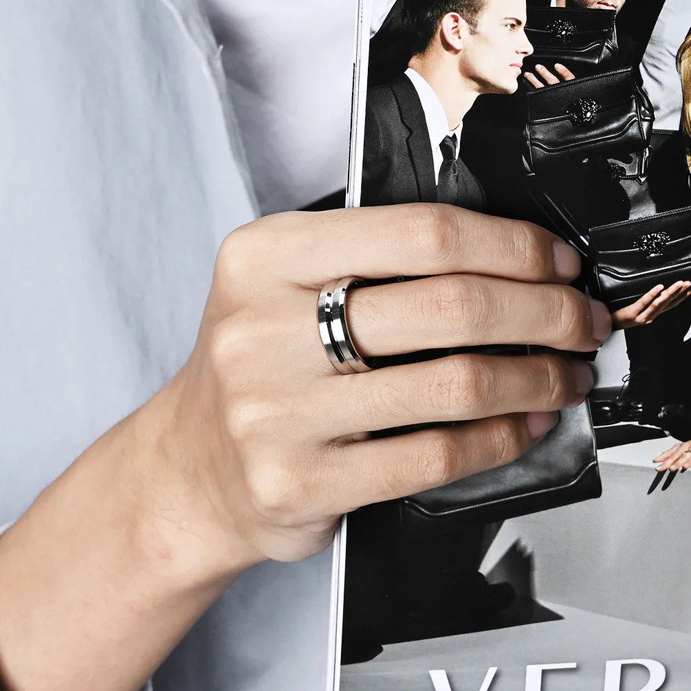 Minimally designed V-groove brushed titanium steel ring, unisex style, fashionable commuting wear, and accessories