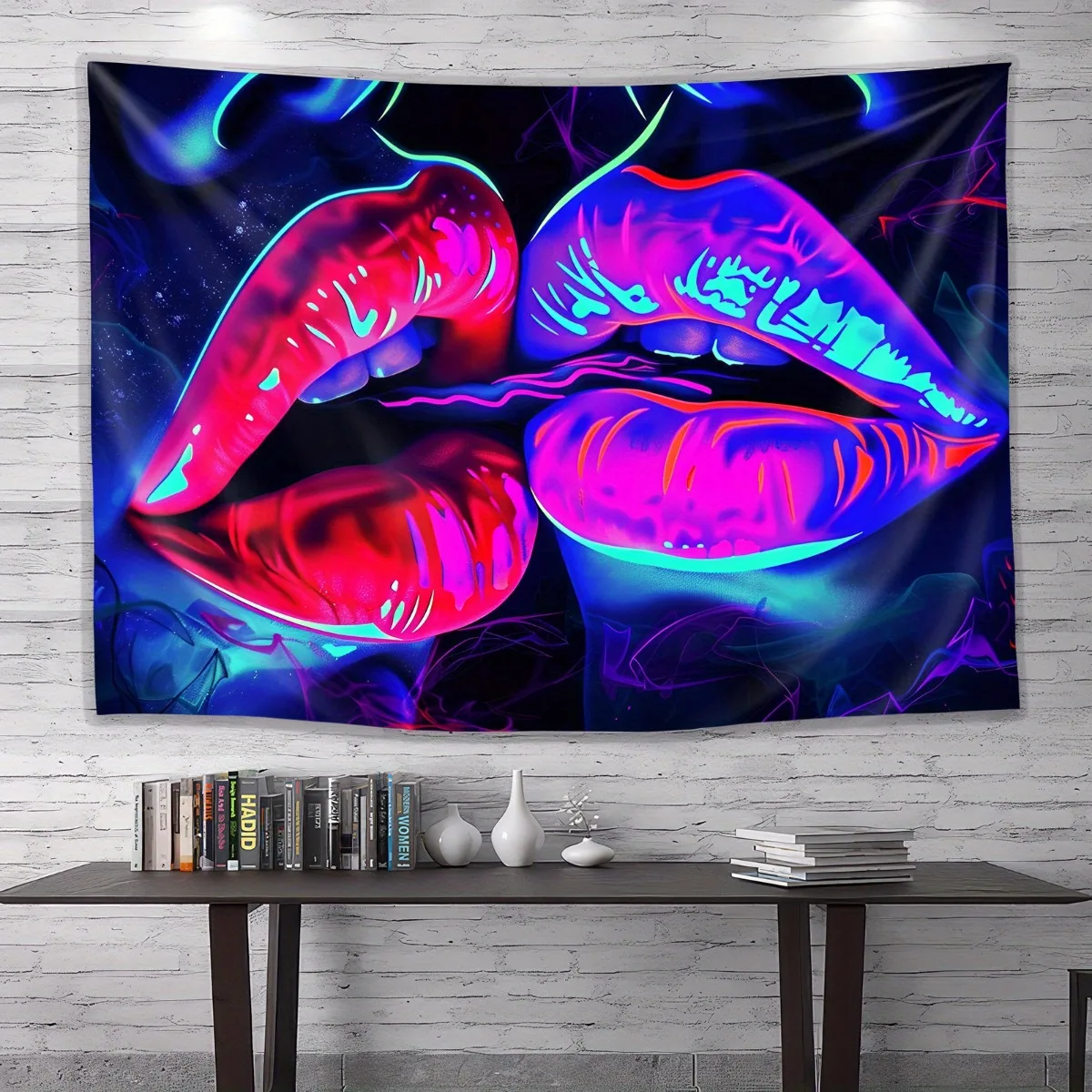 Neon Lips Tapestry Wall Hanging, Psychedelic Mouth Art, Trippy Aesthetic Decor, Abstract Pop Art Poster for Bedroom Living Room