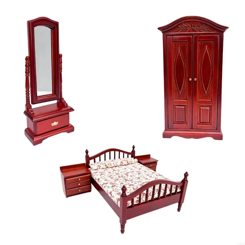 1:12 Puppenhaus Schlafzimmer Miniatur Szene Set Holzmöbel Modell Figur für Sammler Display und Kinder Rollenspiel A2UB – Detail 1