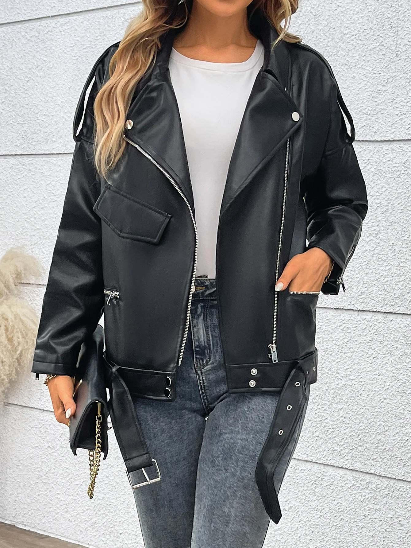 FTLZZ Autumn Winter Women Faux PU Leather Jacket Casual Lady Lapel Zipper Loose Coat Motorcycle Leather Outwear