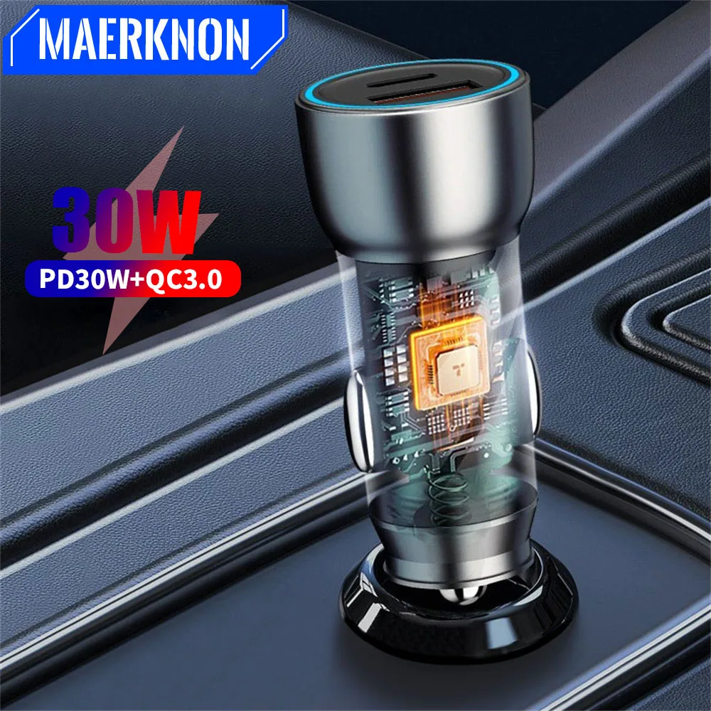 Mini Car Charger PD 30W 2 Port Type C Car Fast Charging Charger For iPhone Samsung Xiaomi Huawei Car Quick Phone Charger Adapter