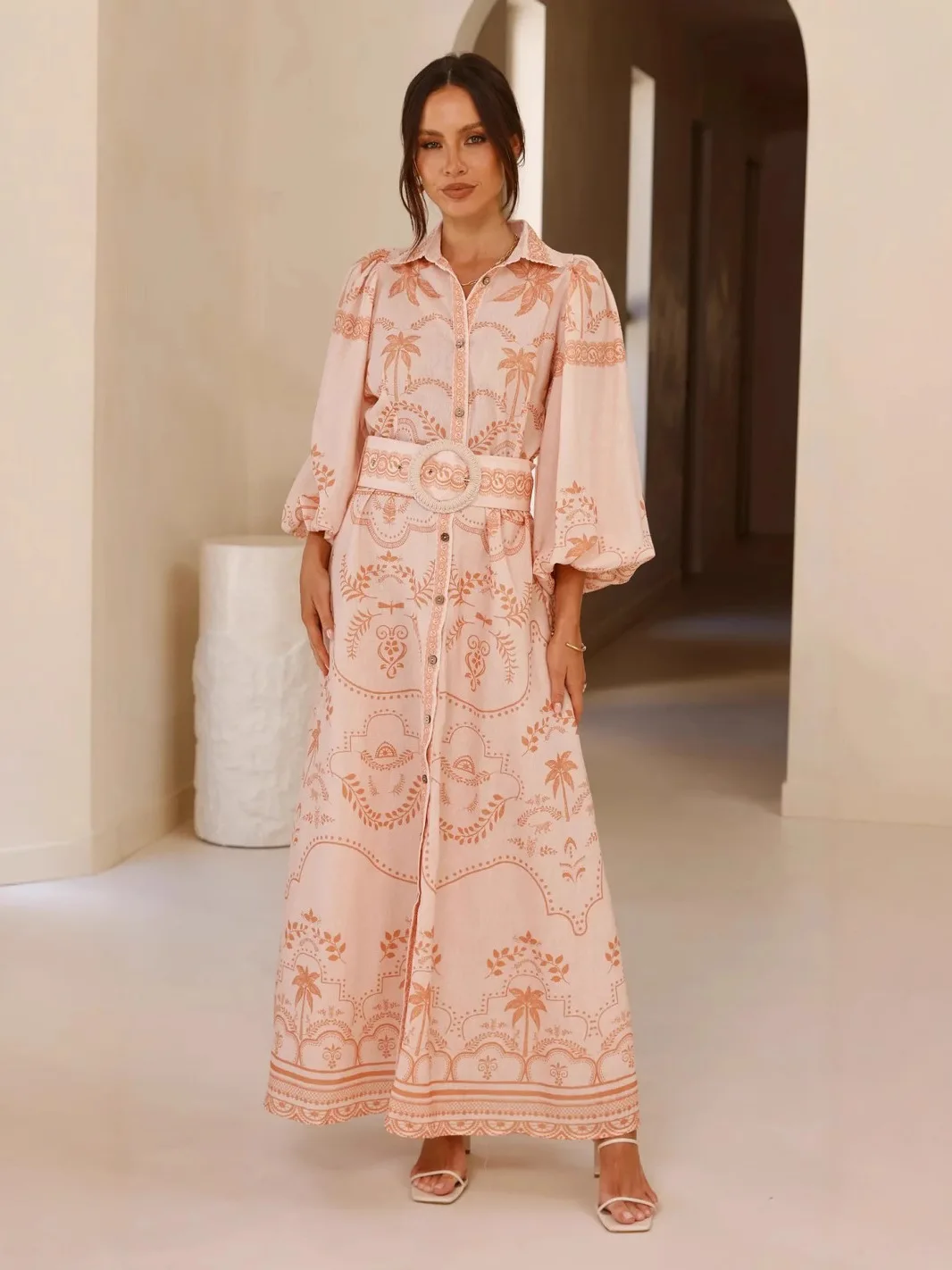 

Faionable Printed Bubble Sve Long Dr Women's Turn-down Collar Gown Commute Sle High Waist Spring Season Casual Wear