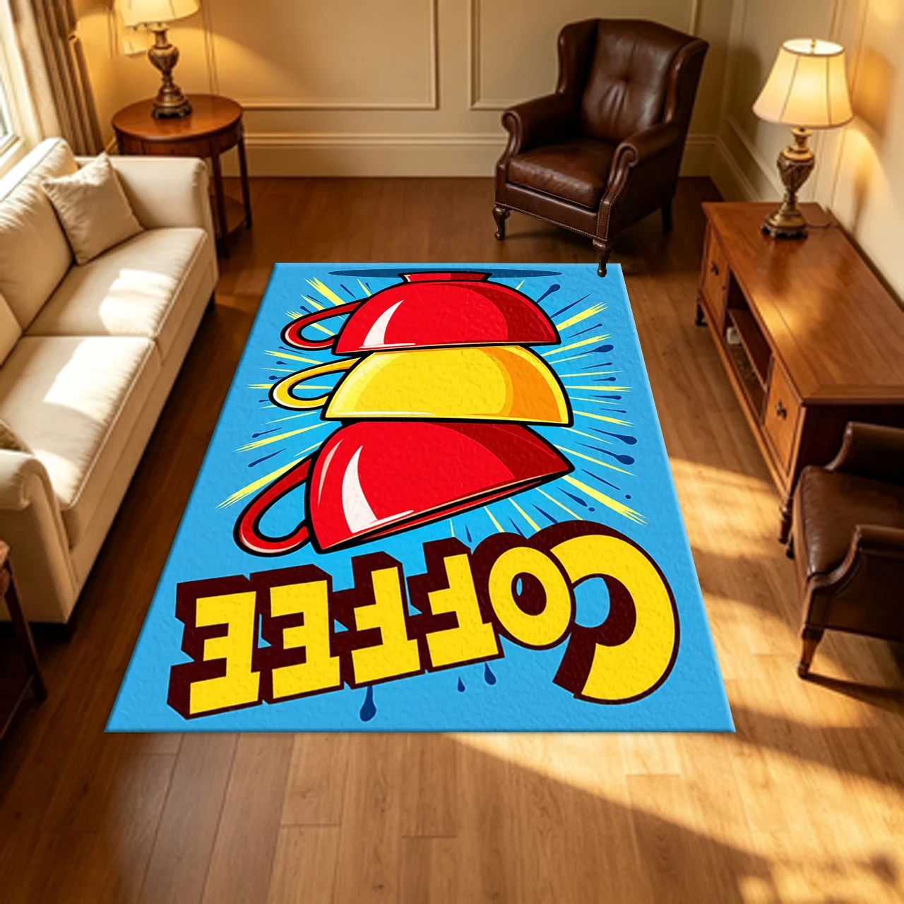 Pop Art Cartoon Coffee Cup Print Carpet Flooring Bright Blue Red Yellow Creative Art Household Indoor Decor Area Rug