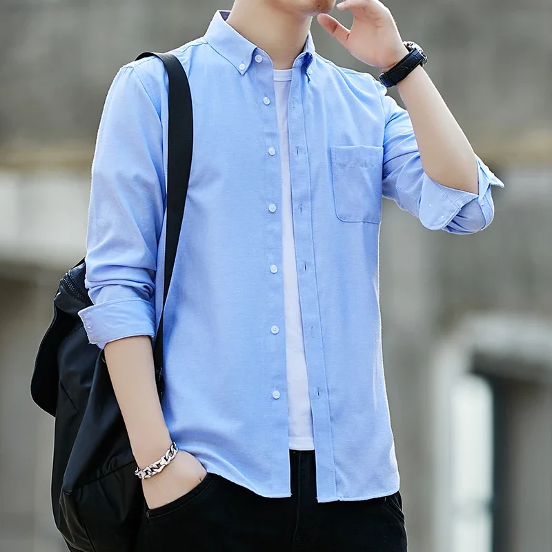 Camicia da uomo primaverile e autunnale camicia in tessuto di cotone Oxford camicia a maniche lunghe in tinta unita con collo a Polo Business Casual