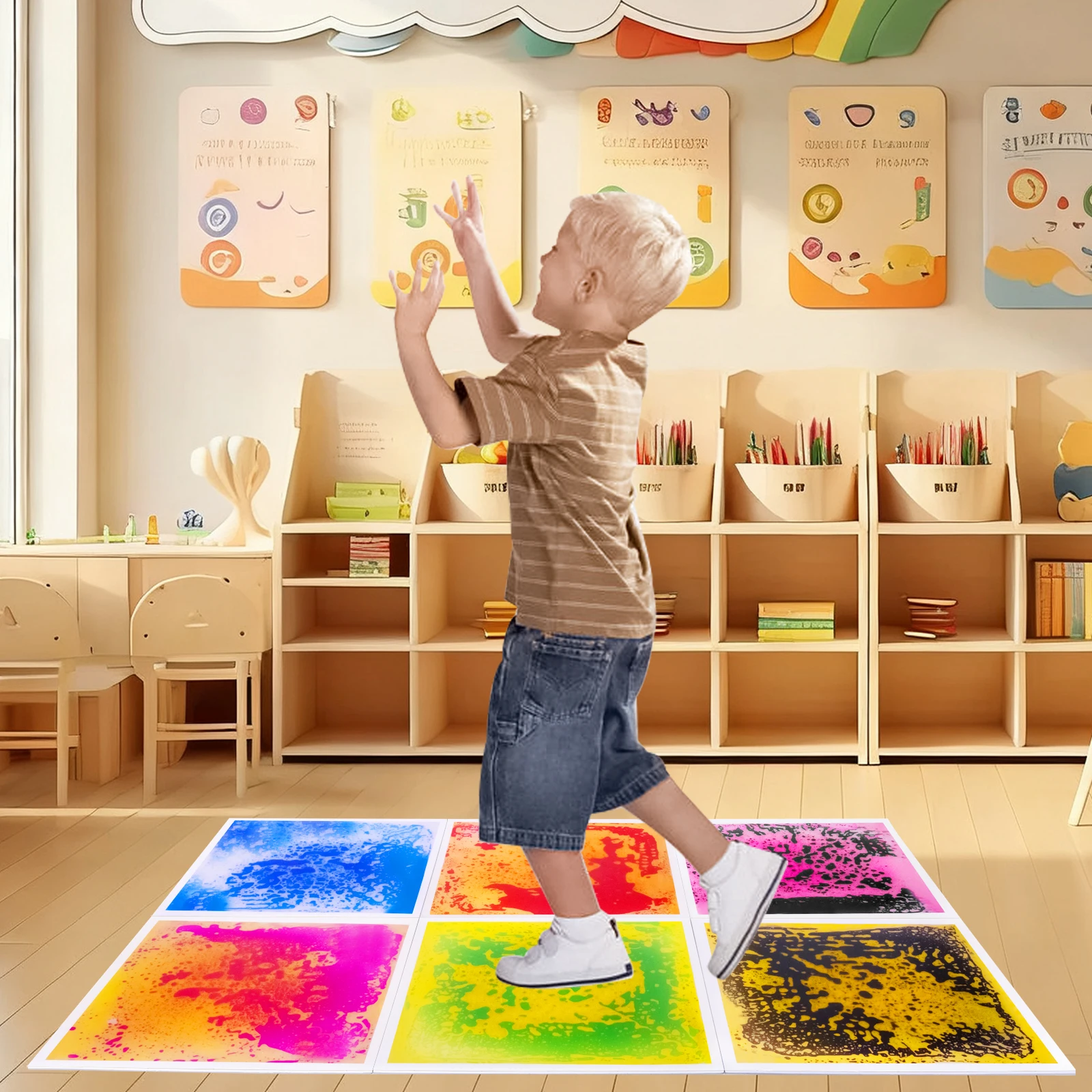 Encantadores baldosas sensoriales para niños, tapete educativo interactivo líquido a base de agua para sala de terapia, cuadrados de suelo sensorial