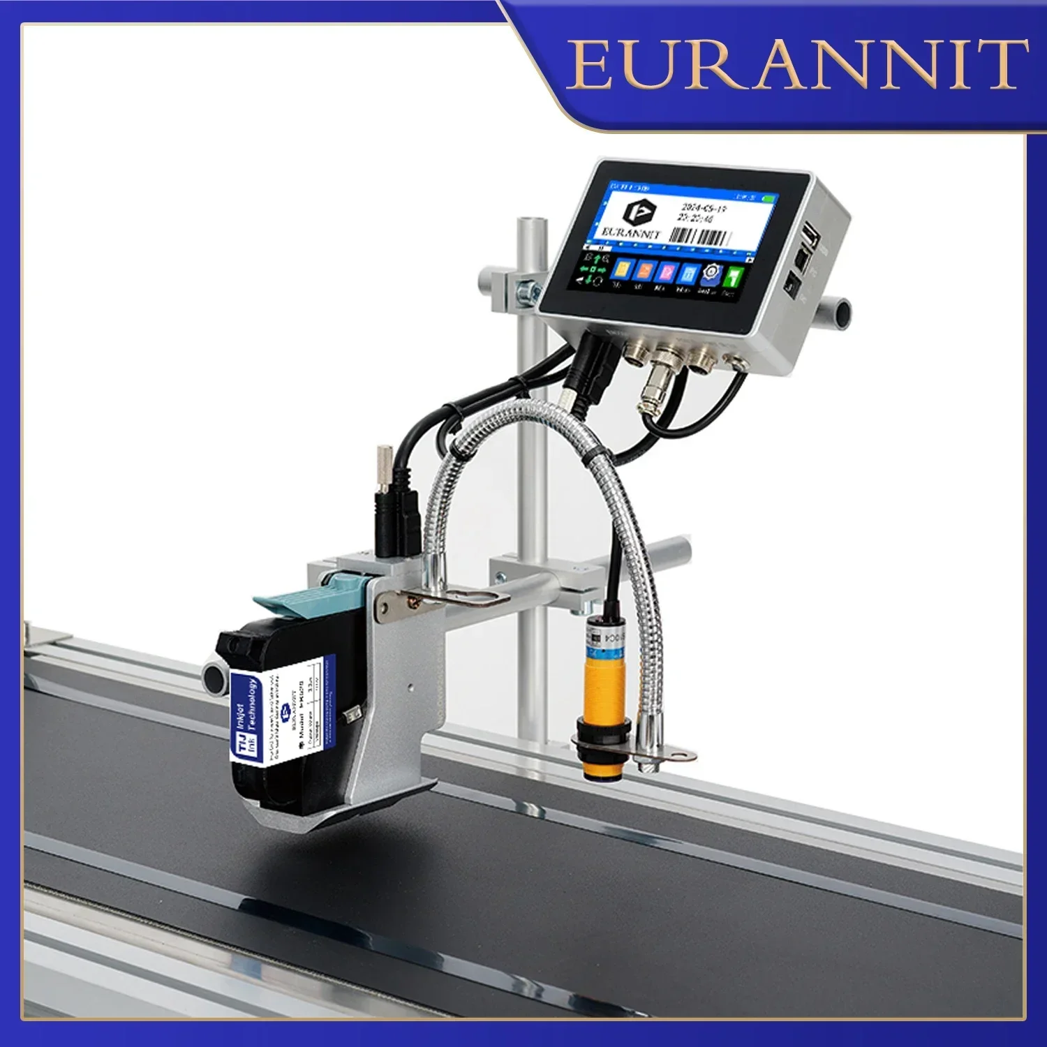 EURANNIT 130Plus Industrial Online Inkjet Printer 12.7/25.4mm Nozzle 4.3inch Screen QR Barcode Batch Number Logo Date Printer