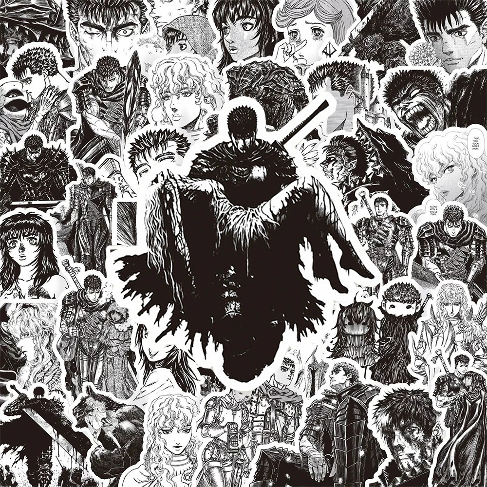 10/30/82 piezas de pegatinas de anime Berserk en blanco y negro, calcomanías de dibujos animados de Guts y Casca para cuadernos, teléfonos, cascos, coches, pegatinas de graffiti geniales, juguete.