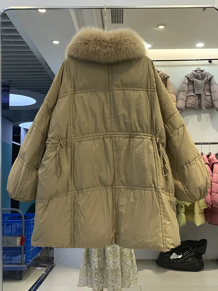 Korean Large Fox Fur Collar Long Down Jacket Women 2023 New Loose Casual Winter Oversized White Duck Down Coats Thick Warm Parka