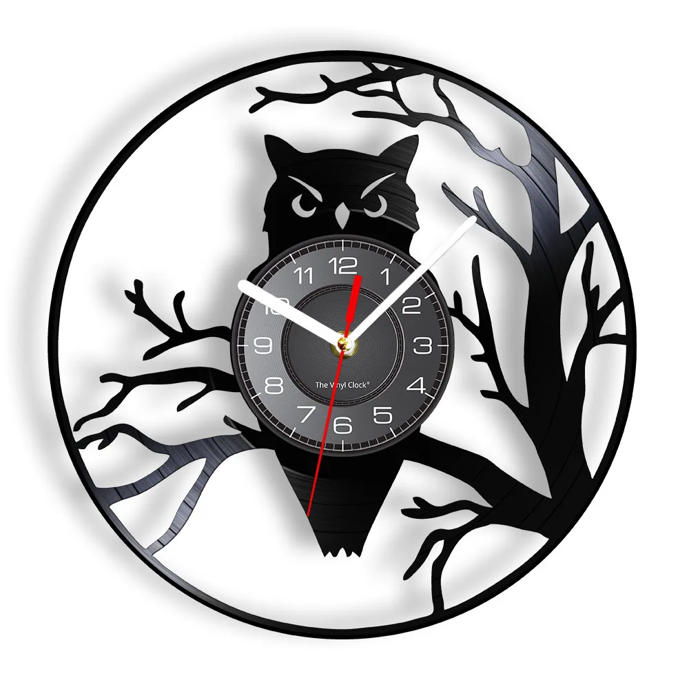 

Owl Bird & Branches Vinyl Album Re-purposed Record Clock Animal Wall Decor Black Hanging Wall Watch Living Room Modern Artwork