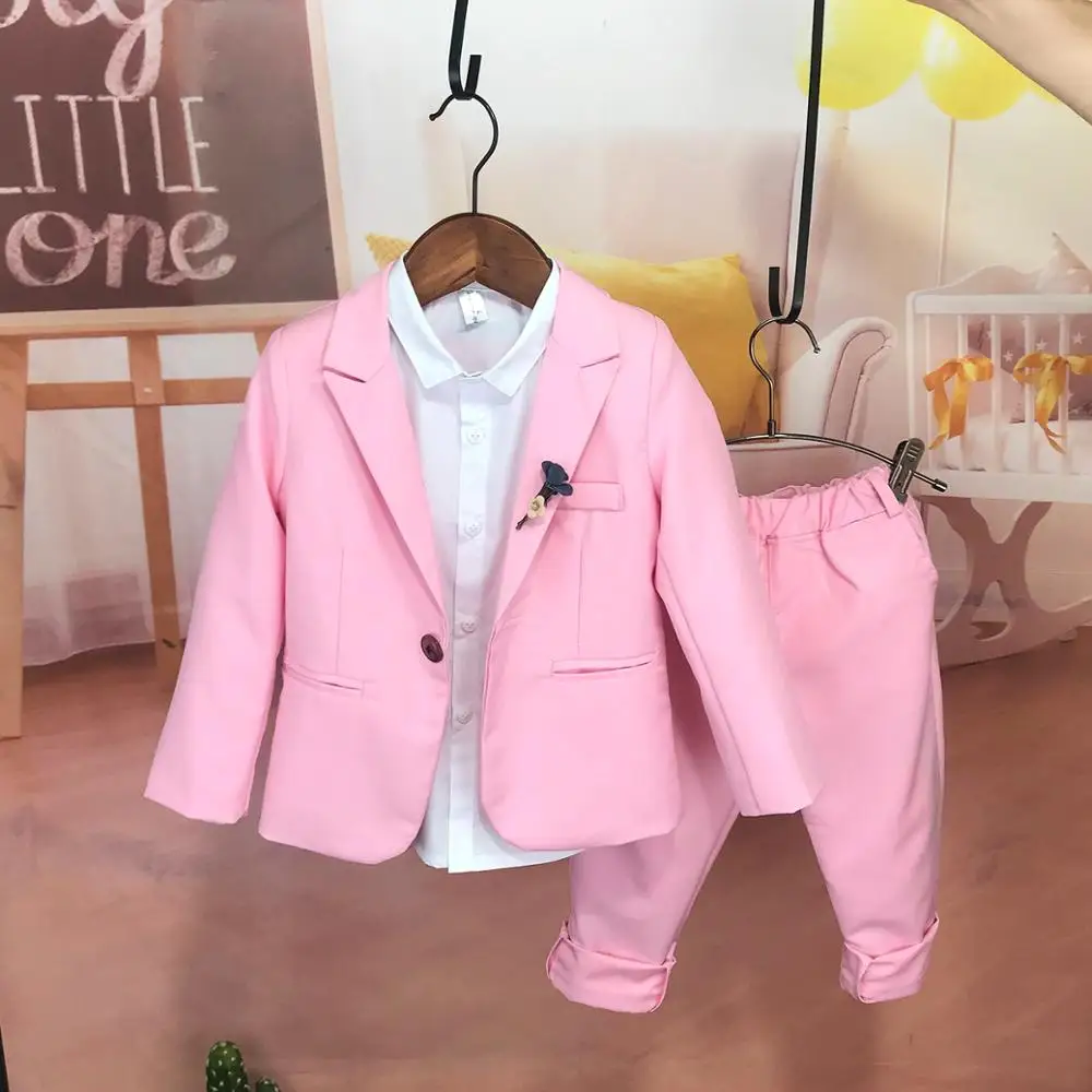 2022 Kids Pink Blue Wedding Blazer Suit Brand Flower Boys Formal Tuxedo Dress Child School Suit Outdoor Photography Clothing Set