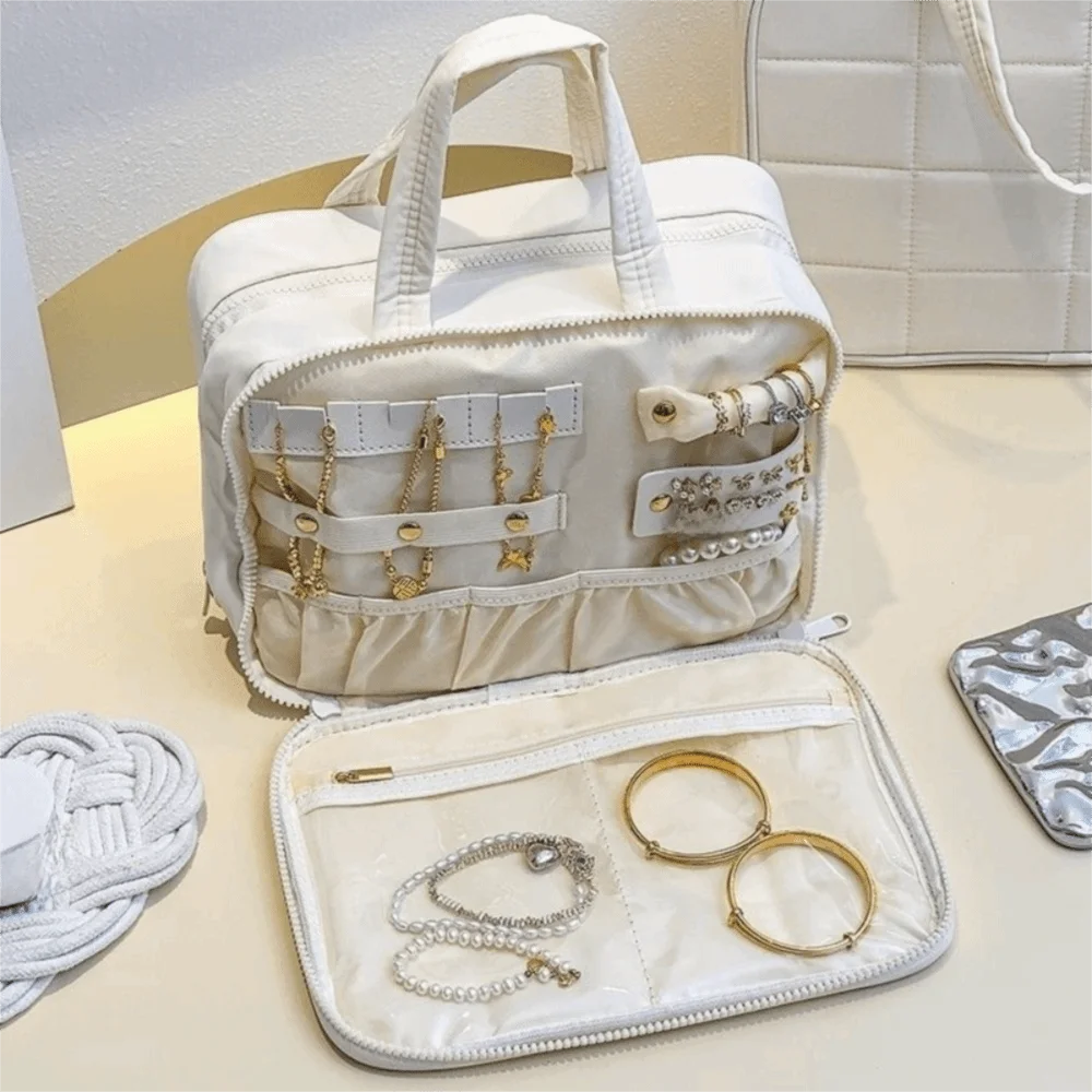 حقيبة يد من القماش لمستحضرات التجميل بسحاب للإغلاق، حقيبة أدوات الزينة للسفر، سعة كبيرة، حقيبة مكياج محمولة متعددة الجيوب