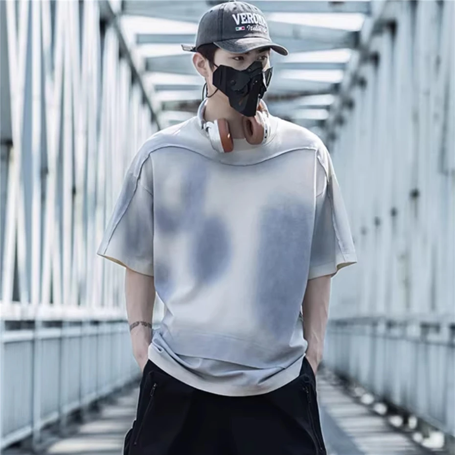 Men Tie Dye T-Shirt Streetwear Hip Hop Punk Y2k Short Sleeve TShirt Oversized Harajuku Vintage Patchwork Casual Tees Tops Male