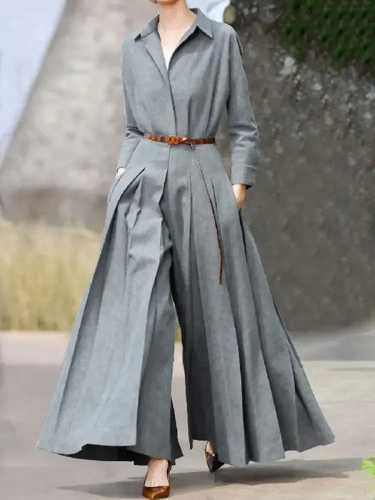 Krisnanas 2024 Women's Fashion Commuter Outfits Solid Color Lapel Collar Long Sleeve Wide Leg Coveralls Pleated One-piece Suits