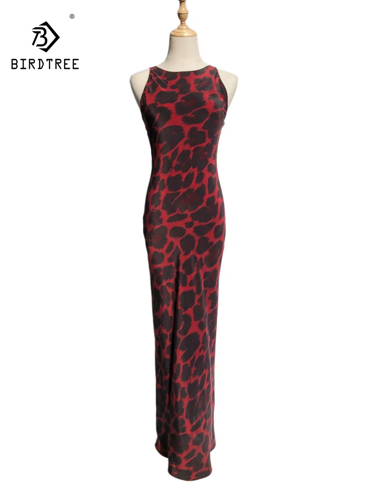 BirdTree-17MM 100% Silk Elegant Vest Dress, Women O Neck Leopard Print, French Retro Party Slim Dresses, 2025 Summer D56931CC