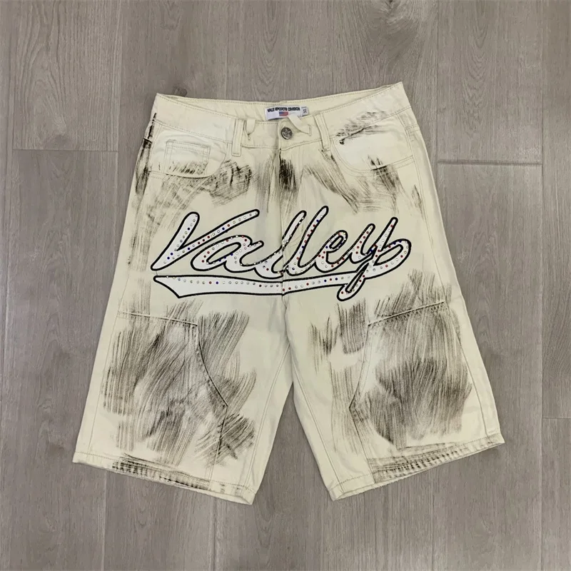 VALLEY Jean Shorts Men Women 1:1 High-quality Hot Drill Ripped Washed Black Vale Jeans