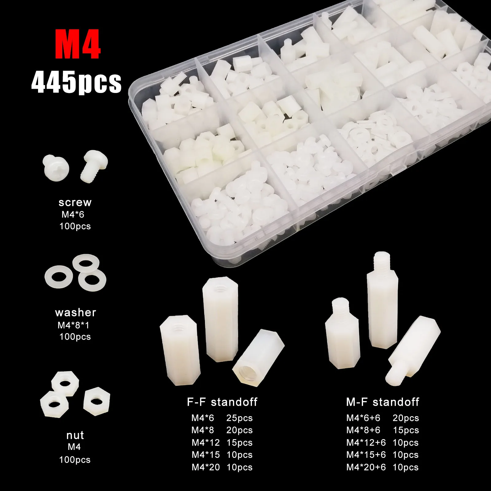 445/650/850/1300pc M2 M2.5 M3 M4 PCB Motherboard White Plastic Nylon Hex Hexagon Spacer Column Standoff Screw Nut Washer Kit Set