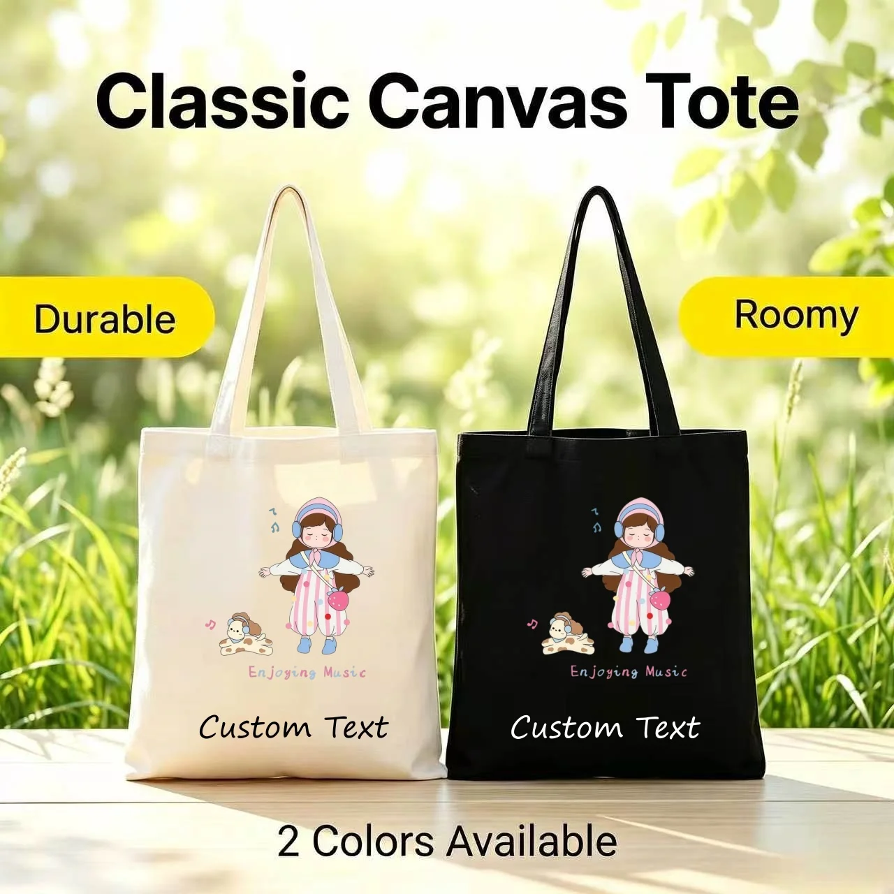 1PC Custom Canvas Tote Bag Cute Girl Puppy Enjoying Music Print Custom Text Eco Reusable Shopping Shoulder Handbag