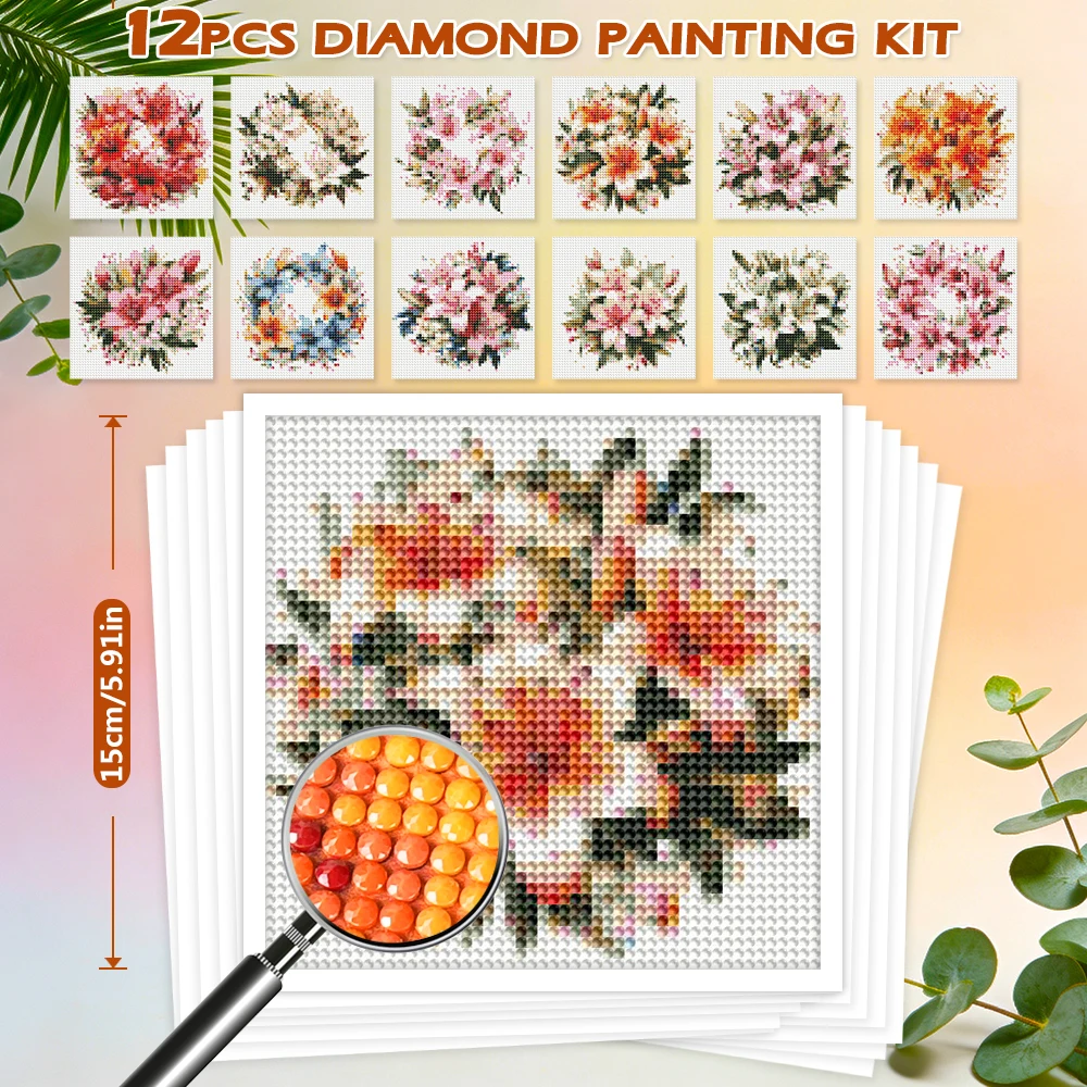 12Pcs MINI Diamond Mosaic Orchid 5D Full Round Drill Diamond Art Painting Kit Flower DIY Embroidery Crafts Kit Adult Home Decor
