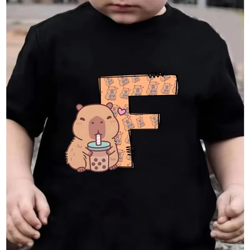 26 Capybara Alphabet Print Kids T-shirt Casual Funny Birthday Gift T Shirt Clothes Short Sleeve Y2K Tops Girls Boys Cotton Tee