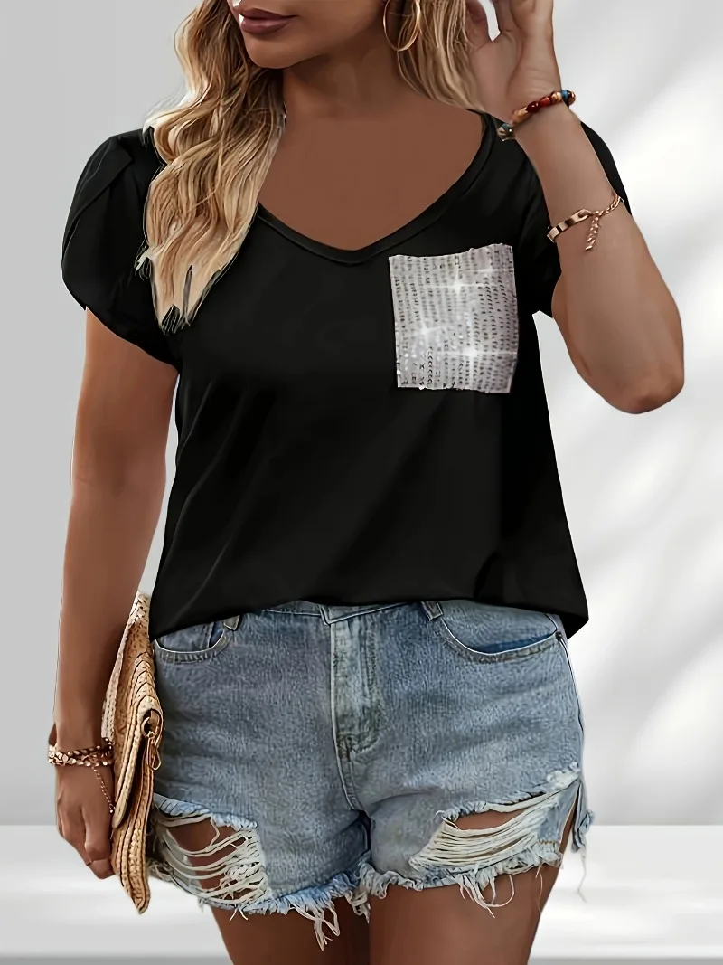 

Plus Size 1XL-5XL Women's Contrasting Sequin Top Petal Sleeve Casual T-shirt V-neck Fashionable T-shirt