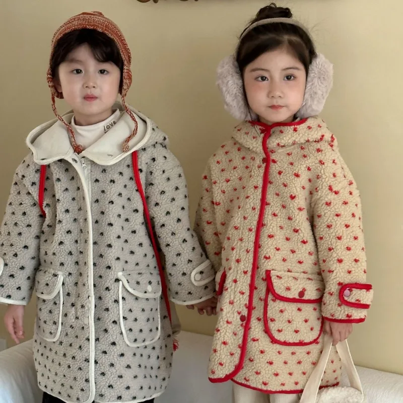 Children's Lamb Fur Coat Girls' Medium Long Style Polka Dot and Thick Velvet, New Autumn and Winter Clothing, Boys' Windbreaker