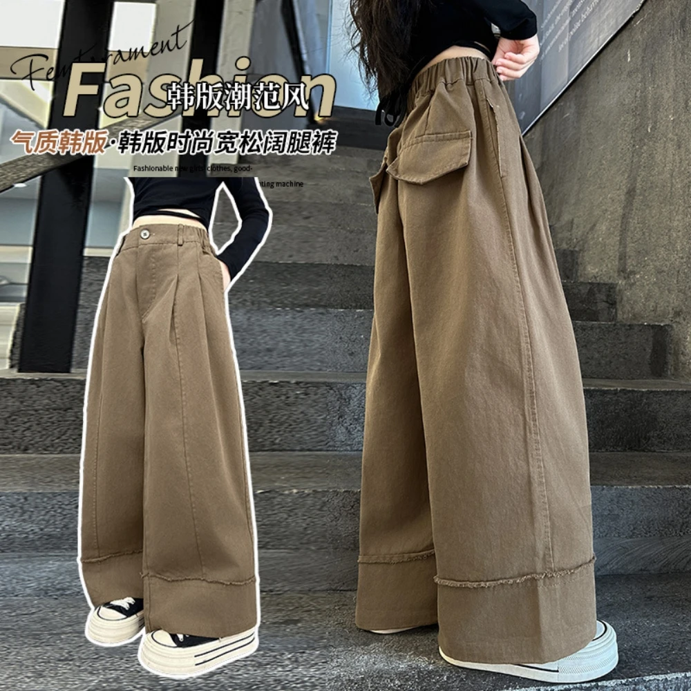 Children's pants 2024 Spring and Autumn collection new girls' Korean Fan coffee color wide leg pants, medium to large children's