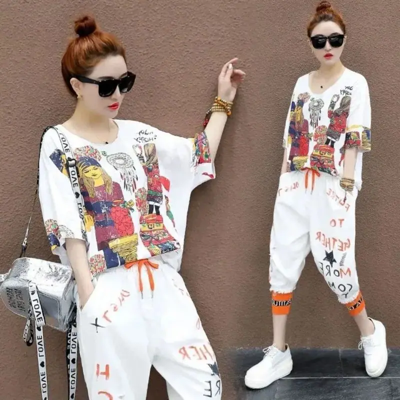 Women\'s Fashion Sports Suit Spring Summer New Short Sleeved T-shirt Calf-Length Harem Pants Korean Loose Leisure 2 Two Piece Set