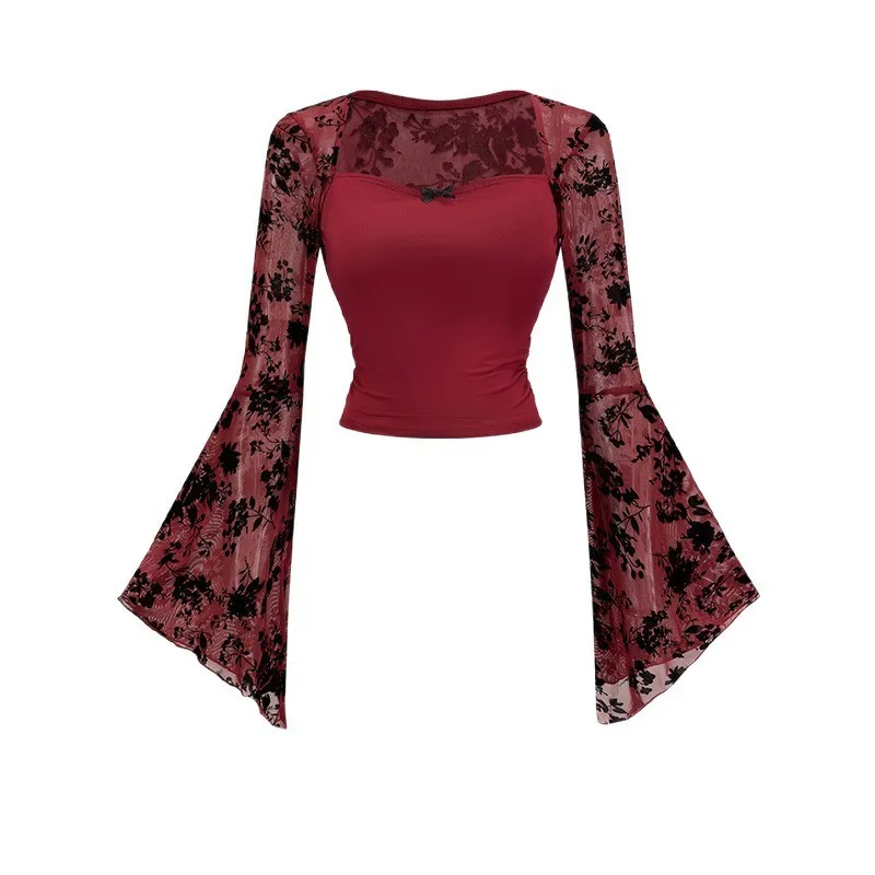 Patchwork Long Sleeve Cropped Top Private Celebrity Style with Pullover Fitted T Shirt Square Neck Seamless Construction Sexy
