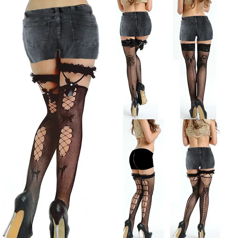Hollow Out Lace Fish Net Stockings for Women Sexy Fishnet Tights Jacquard Seamless Socks Hose Above Knee Sexy Lingerie Hosiery