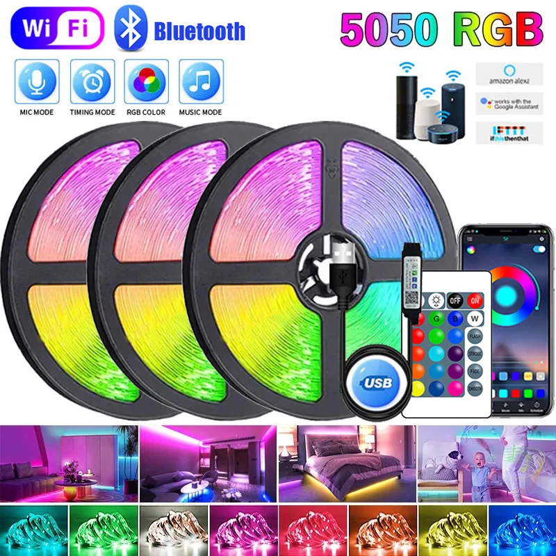 rgb cor mudar led strip lights usb wi fi controle bluetooth lampada flexivel fita fita diodo para decoracao do quarto 5050 01