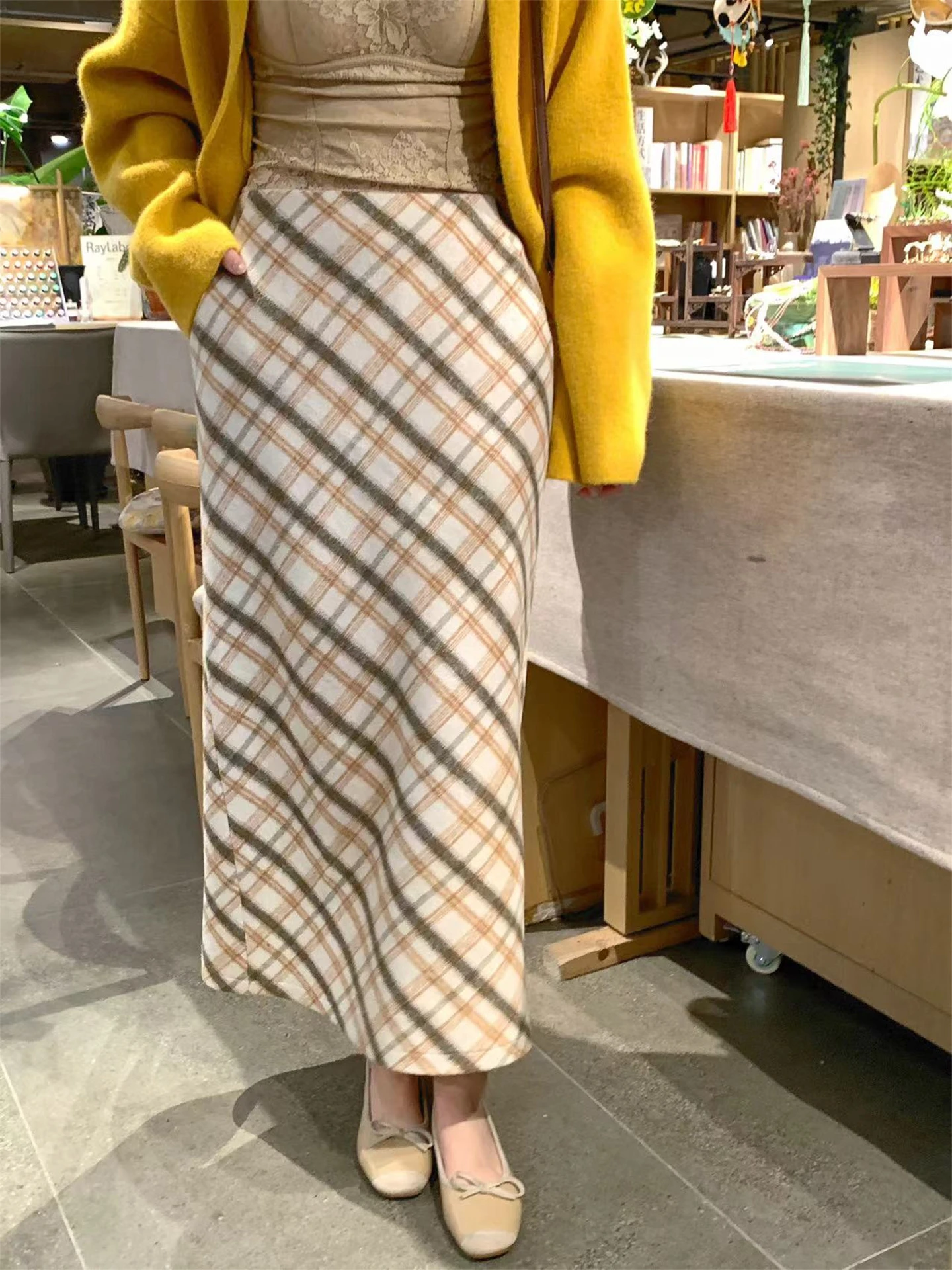 

High Waist Slimming Plaid Midi Skirt for Women Faionable Versatile Cheese Patterned Autumn Winter f-length Skirt