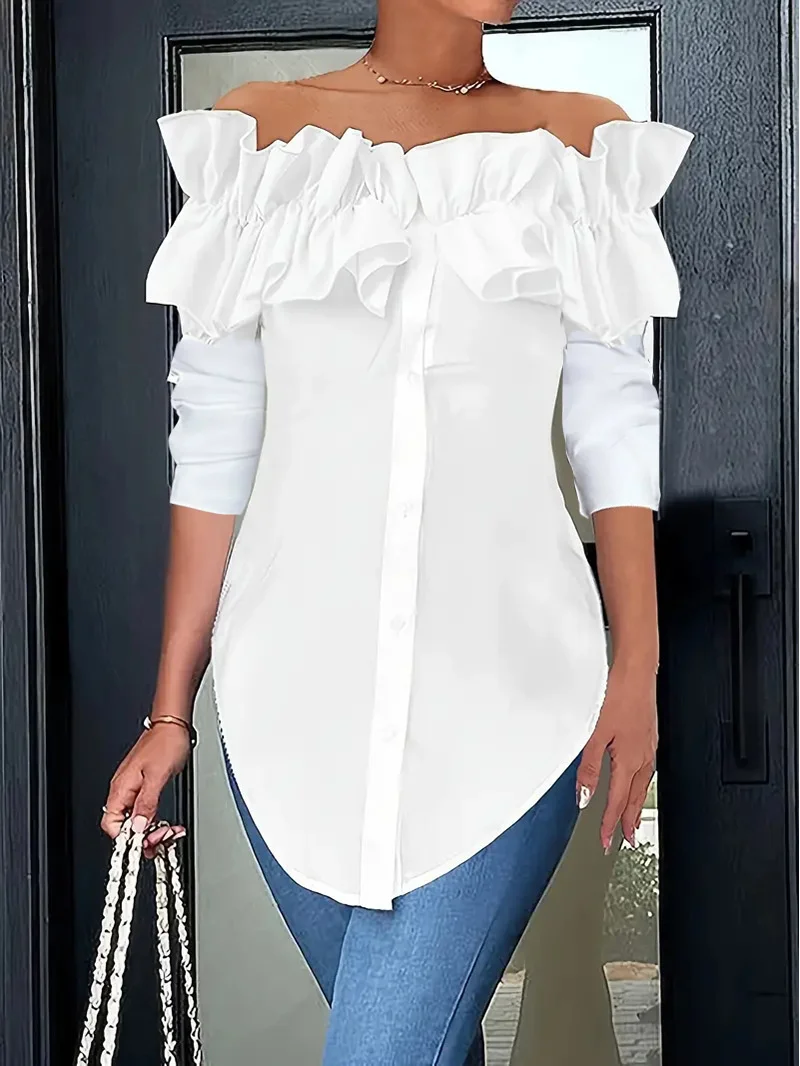 Sexy One-piece Collar Slim White Shirt And Blouses Women's Spring Long Sleeve Fashion Ruffle Button Female Shirts Tops Summer