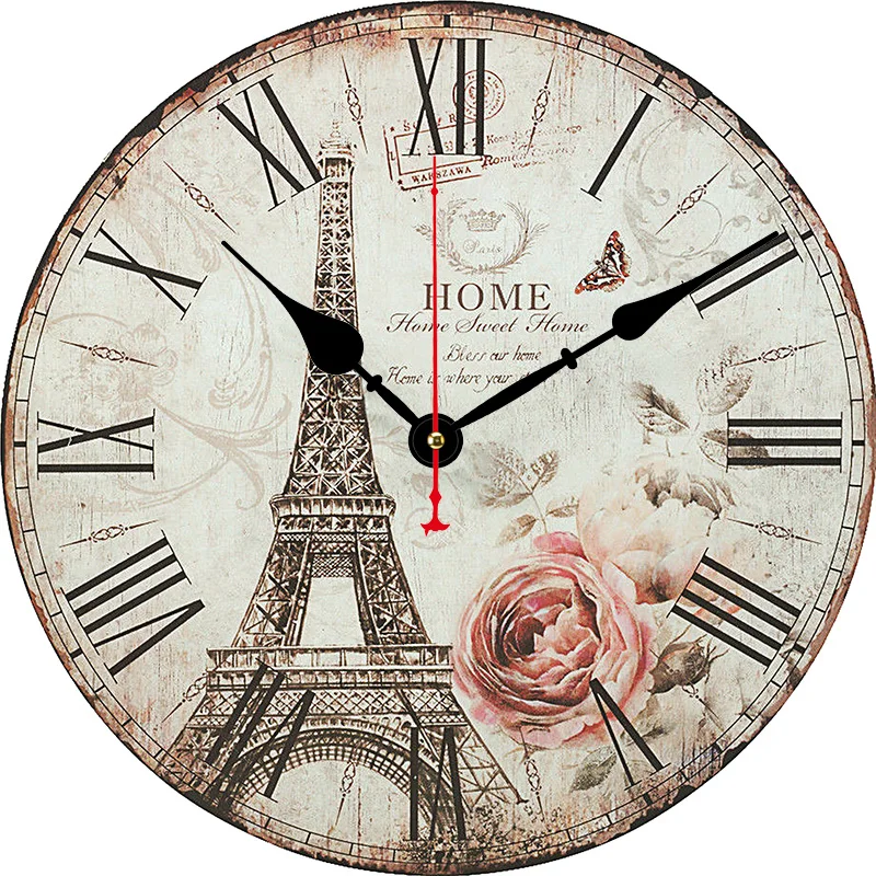 Retro Paris Eiffel Tower Round Wall Clock Large Dinning Restaurant Cafe Decorative Wall Clock Silent Non-Ticking Nice For Gift