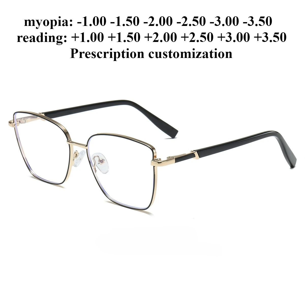 

54-16 New anti-blue light reading glasses, cat eye metal glasses frame, large face flat mirror myopia degree customization