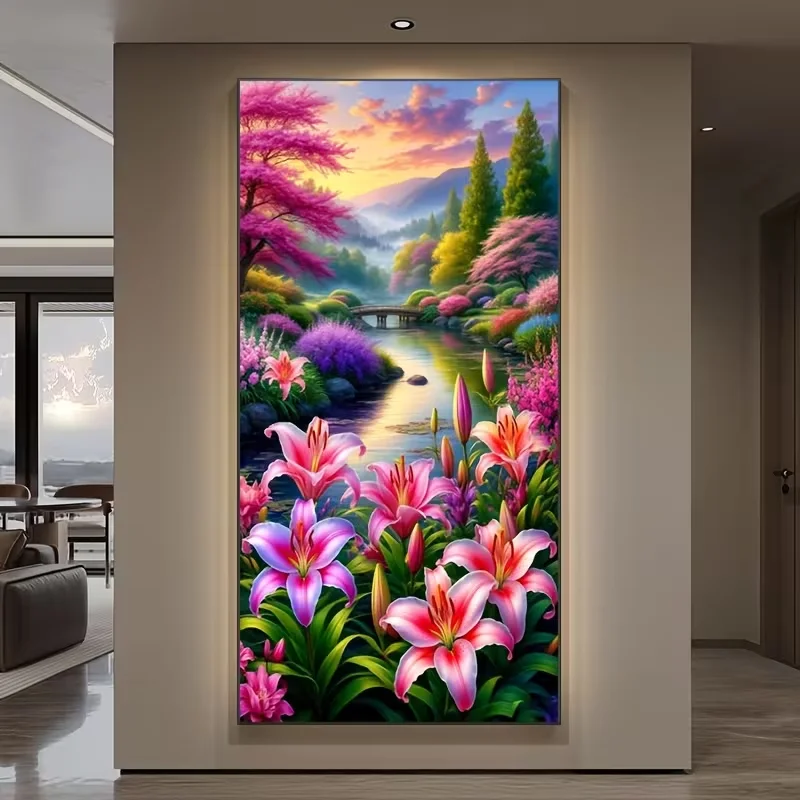 

Forest Tree Colorful Lily Flowers 5D Diy Diamond Art Painting Large Size Cross Stitch Kits Diamond Mosaic Scenery for Room Decor