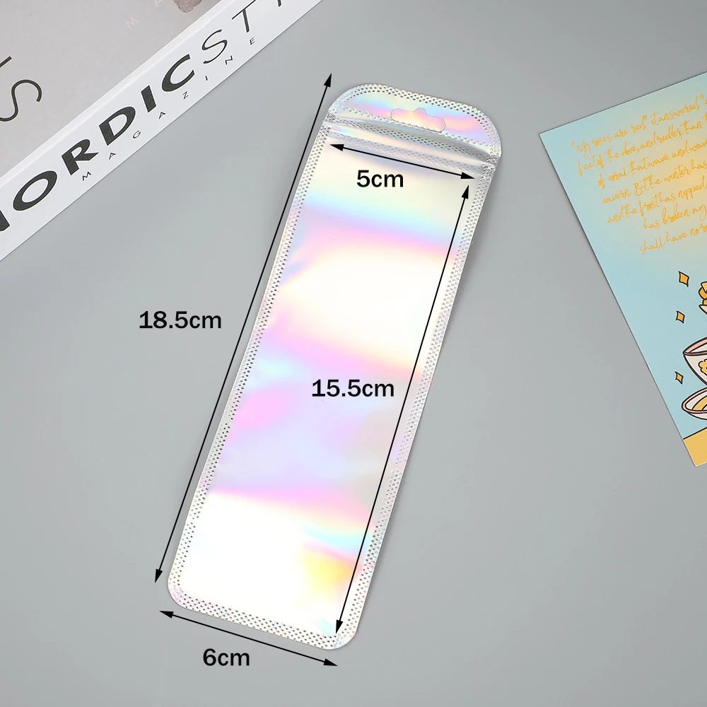 50 stücke Lange Holographische Verpackung Taschen Ziplock Laser Seal Beutel Für Party Nagel Wimpern Bevorzugung Lebensmittel Lagerung Schmuck Display Versorgung