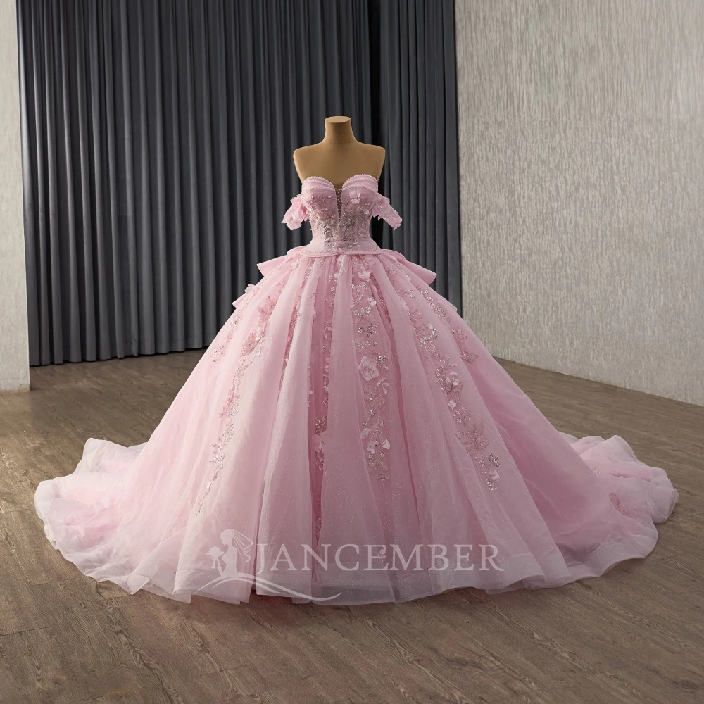 

Блестящее платье Quinceneara для молодежи, вечерние платья с открытыми плечами, платье с короткими рукавами и аппликациями, Vestido De 15, индивидуальный шлейф