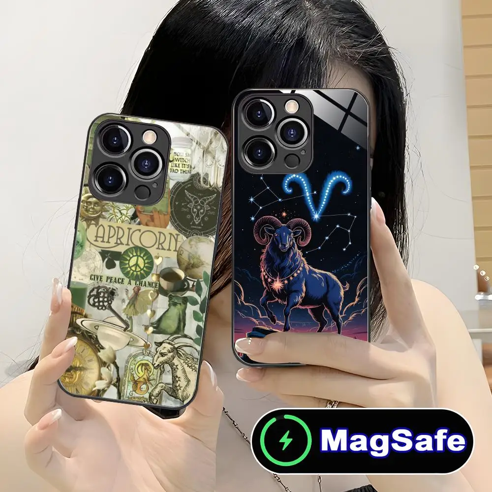 Casing Ponsel Zodiak Capricorn untuk iPhone 17 16 15 14 13 12 11 Pro Max Plus Mini MagSafe Kaca Warna-warni Penutup Cantik