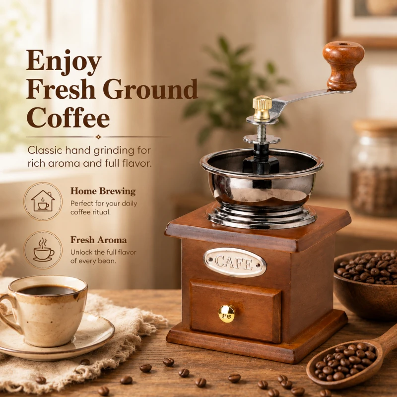 Retro Manual Coffee Grinder, Hand Crank Burr Mill, Portable Kitchen Bean Grinding Machine, Vintage Home Espresso Tool