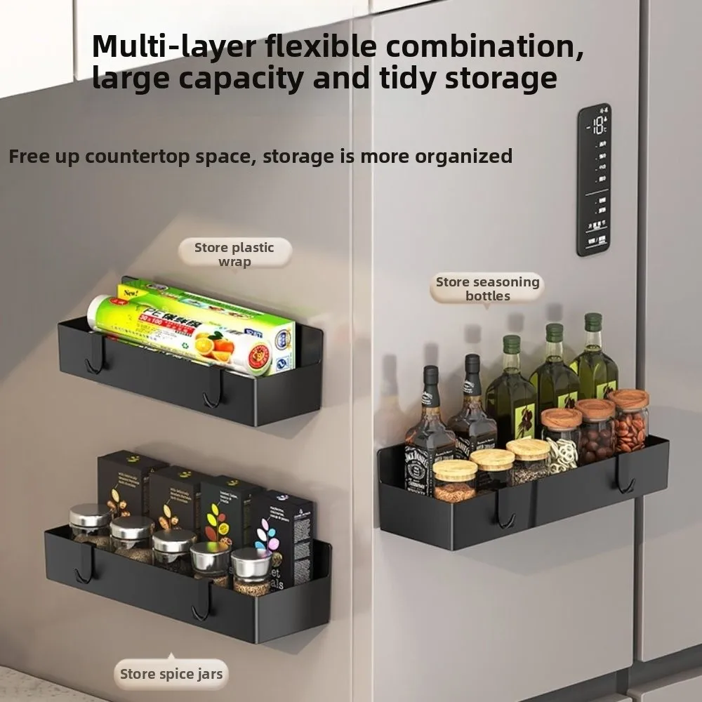 Wall Mounted Refrigerator Magnetic Shelf Space Saving Large Capacity Refrigerator Side Storage Rack with Hooks Punch Free