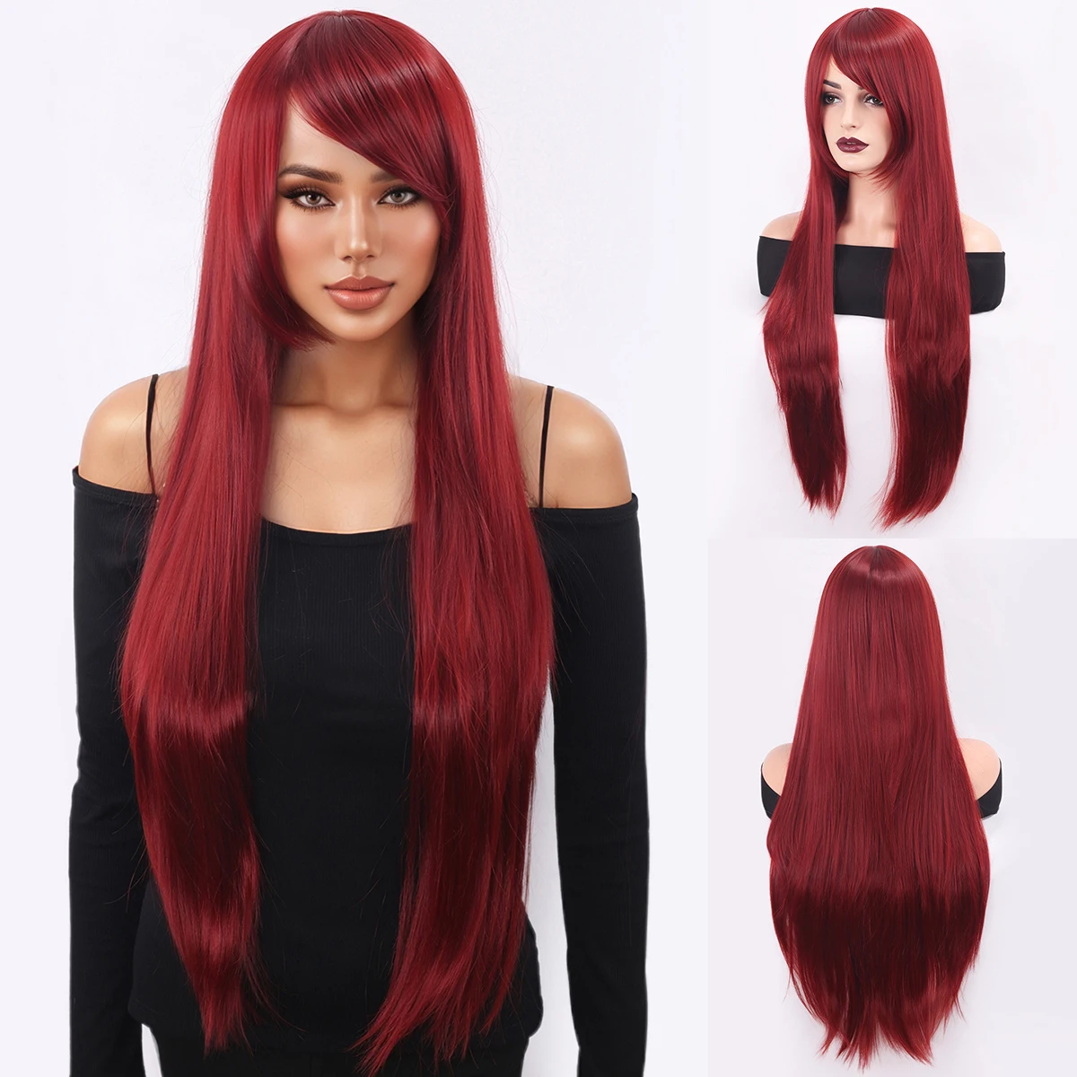 

Cross border wig, European and American women's wig, red, slanted bangs, long straight hair-Synthetic fiber wig
