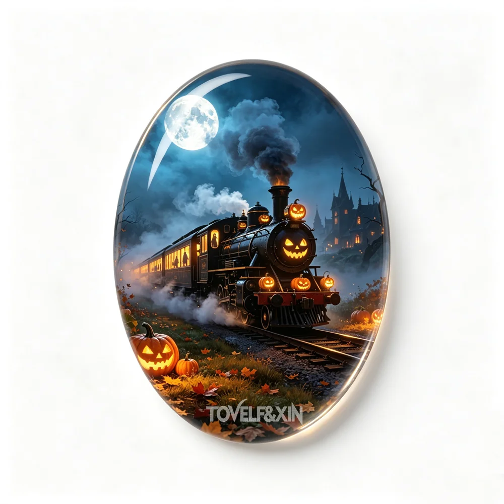 10pcs Halloween Oval Glass Cabochon 18x25mm Ghost Train Railway Pumpkin Witch Gothic DIY Jewelry Making Craft Supplies Flatback