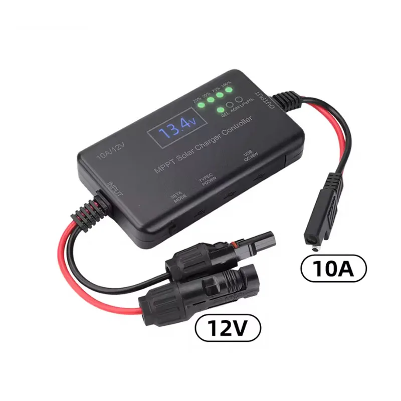 MPPT Solar Charge Controller 10A 12V, Solar Panel Controller Featuring Type-C Input, USB Output for Lead-Acid Lithium Batteries