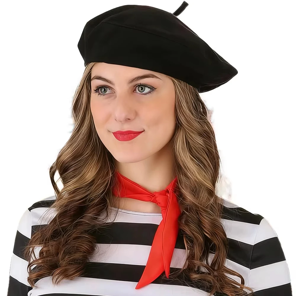 4PCS Men Women Mime Costume Halloween Accessories Set Adult French Artist Beret Gloves Suspender Scarf Dress Up Suit
