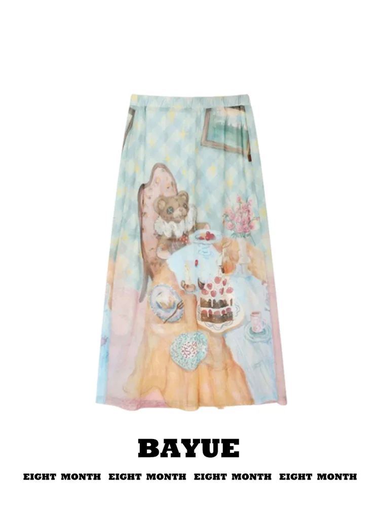 

Pastel Green Oil Painting Cartoon Print Mesh Half Skirt Cute Elastic Waist Lightweight Breathable Straight Long Skirt