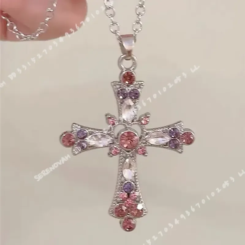 New Fashion Trendy Crystal Pink Zircon Cross Pendant Necklace for Women Girls Crystal Chain Necklace Party Jewelry