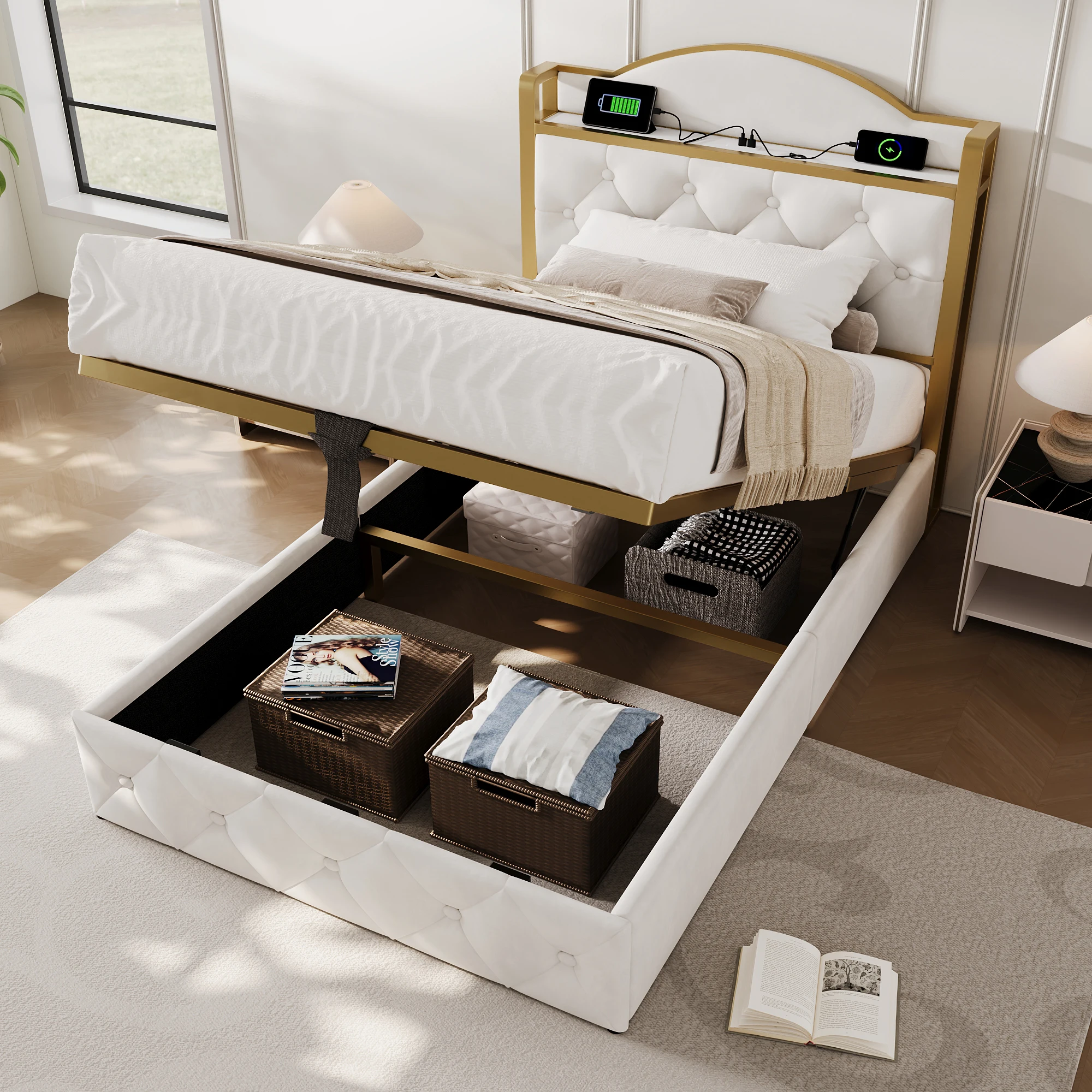 Polster bett mit USB-Aufladung Typ C, Einzel bett 90x200 cm, Lattenrost, hellbeige (keine Matratze)