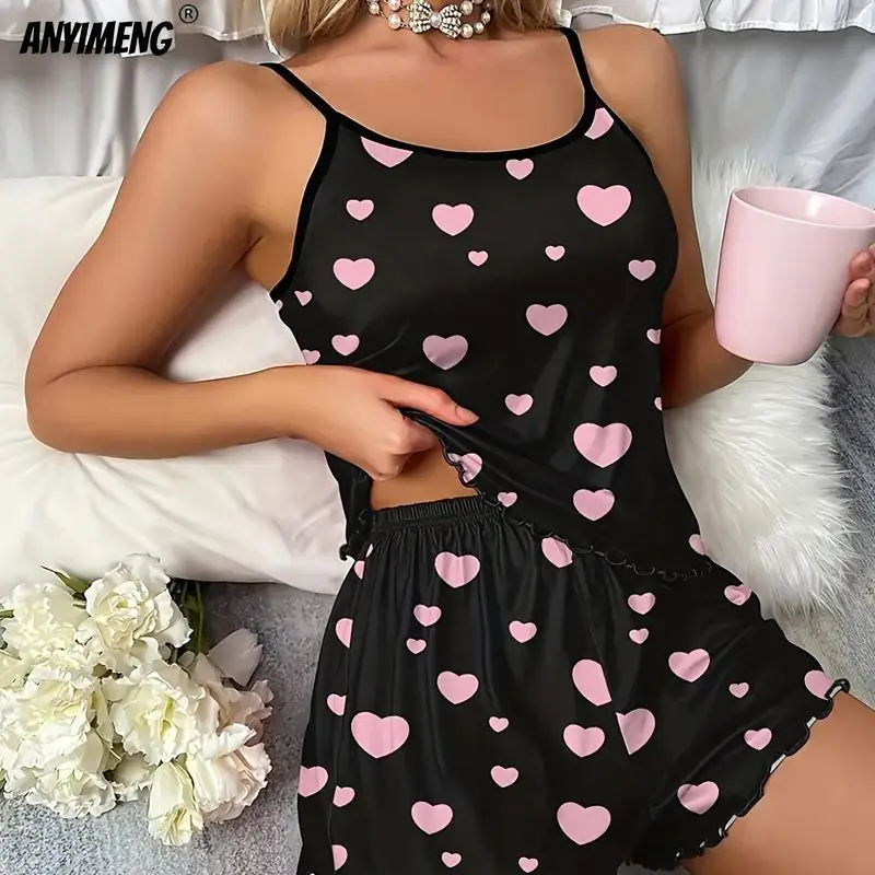 Women Pajamas Sleepwear Pajama Set Camisole Shorts Pink S-XL Heart Print Scoop Neck Cami Top Ice Silk Comfortable Casual Summer